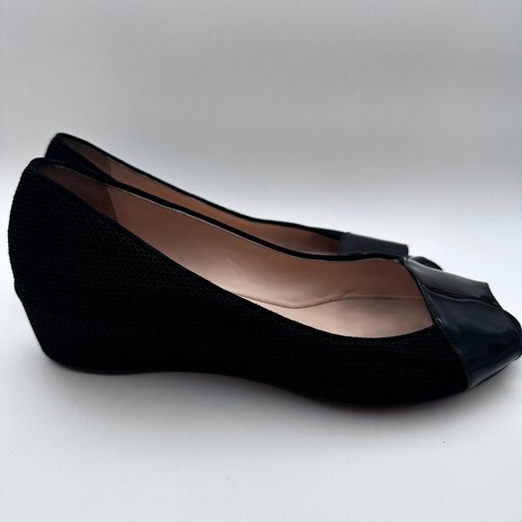Aquatalia‎ Black Fabric Wedge Heel Flats patent Leather Peep Toe Womens Sz 9 - Picture 6 of 11